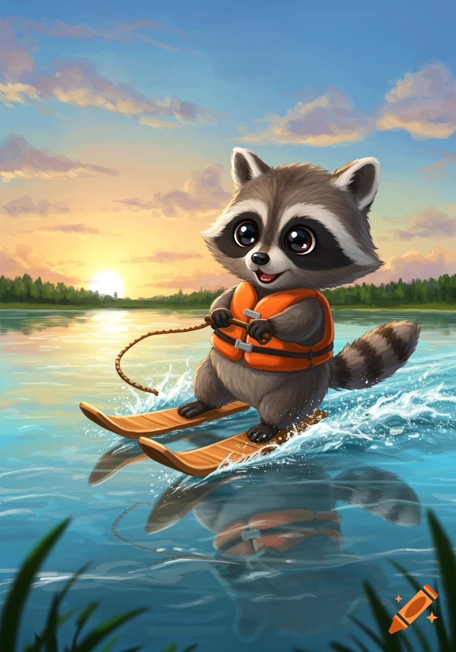 A cute cartoon raccoon wearing an orange life vest waterskis on a lake during sunset.