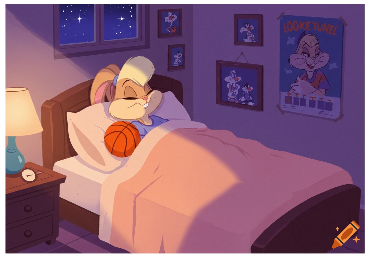 Lola Bunny, a cartoon rabbit, sleeps in her bed at night holding a basketball in a stylized cartoon image.