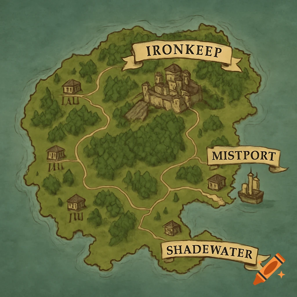 A stylized fantasy map of an island. It features a central castle labeled "Ironkeep", port towns "Mistport" and "Shadewater", and small houses connected by trails, all set against a teal sea.