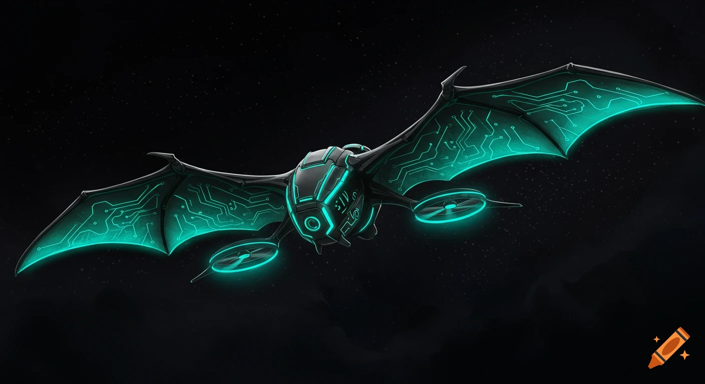 A sleek, black futuristic drone shaped like a bat, with glowing teal circuit patterns on its wings, against a dark starry background.