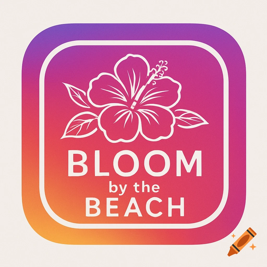 A purple and orange gradient logo with a white hibiscus flower and the text "BLOOM by the BEACH".