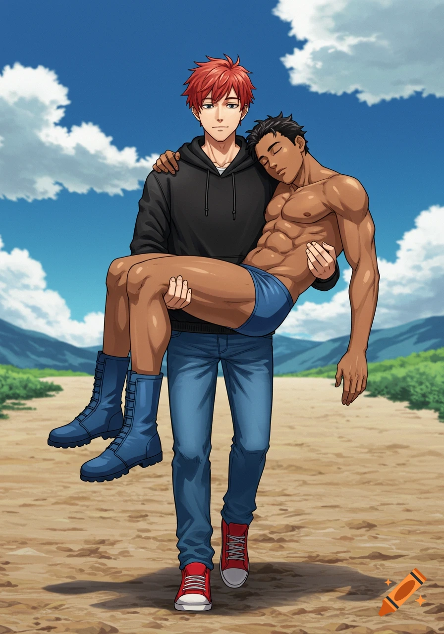 An anime man with red hair carries a muscular, shirtless man in blue briefs on a dirt path under a blue sky.