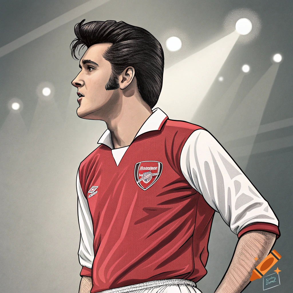Stylized illustration of Elvis Presley wearing a red and white Arsenal football shirt, looking left.