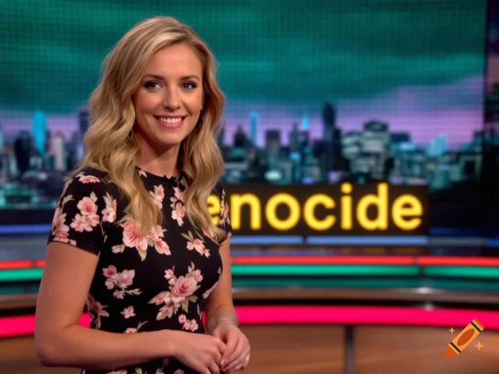 A smiling blonde woman in a floral dress stands in a TV studio in front of a screen displaying a cityscape and the word 'genocide'.