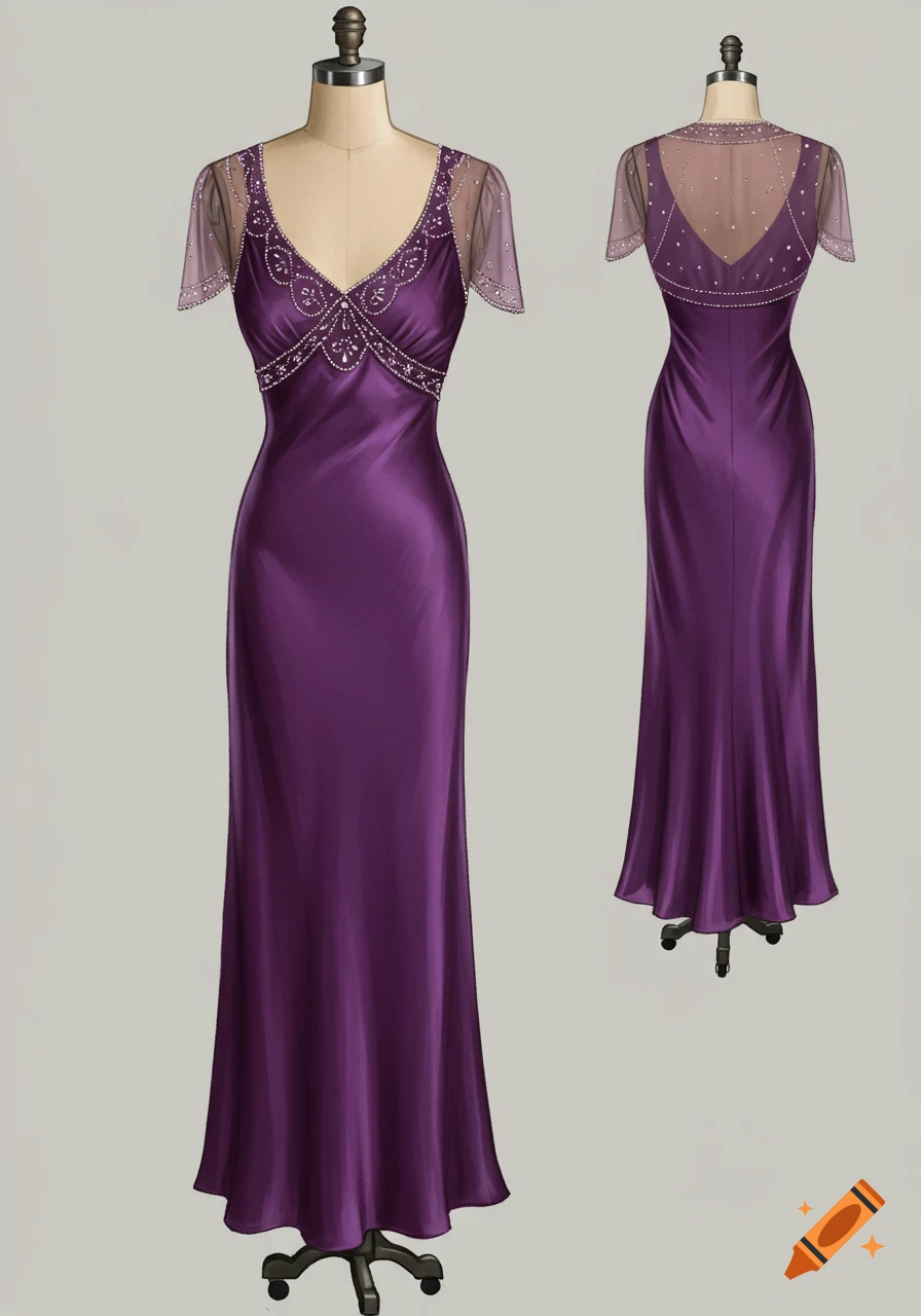 A luxurious deep purple 1930s bias-cut silk dress with delicate beading on a mannequin, shown from front and back views.