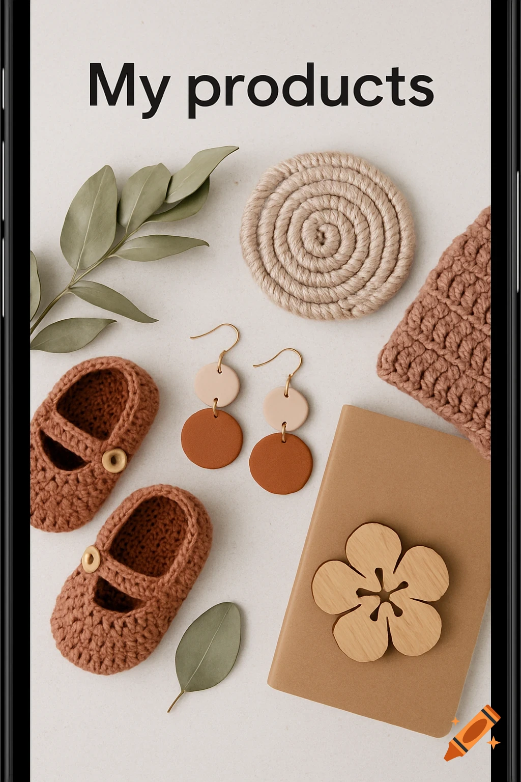 Flat lay of handmade crafts: crocheted baby shoes, clay earrings, a braided coaster, and a notebook, with 'My products' text.