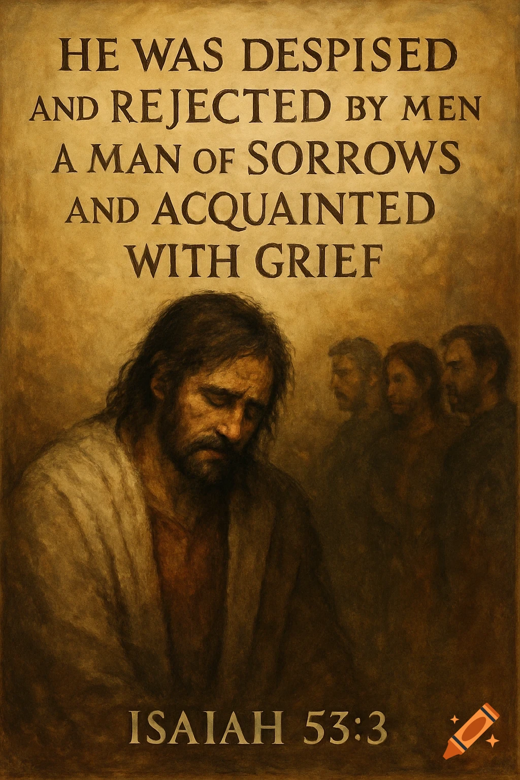 A sorrowful Jesus figure looks down, with blurred figures behind him, and biblical text from Isaiah 53:3 on a sepia-toned canvas.