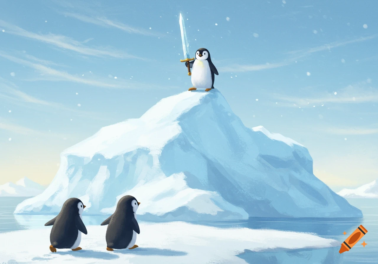 An illustrated scene of a heroic penguin wielding a sword atop a large iceberg, as two other penguins watch from below in a snowy landscape.