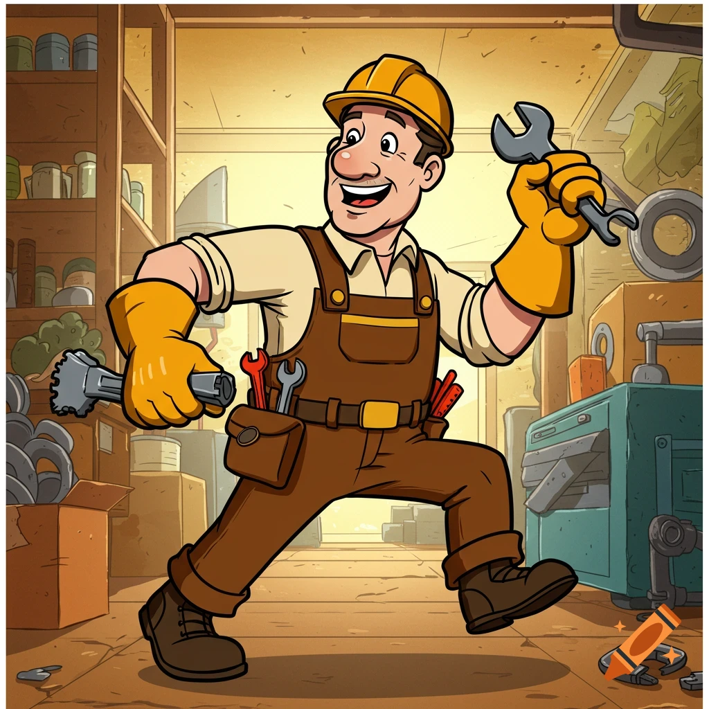 A cartoon worker in brown overalls and a yellow hard hat, holding wrenches, strides through a workshop.