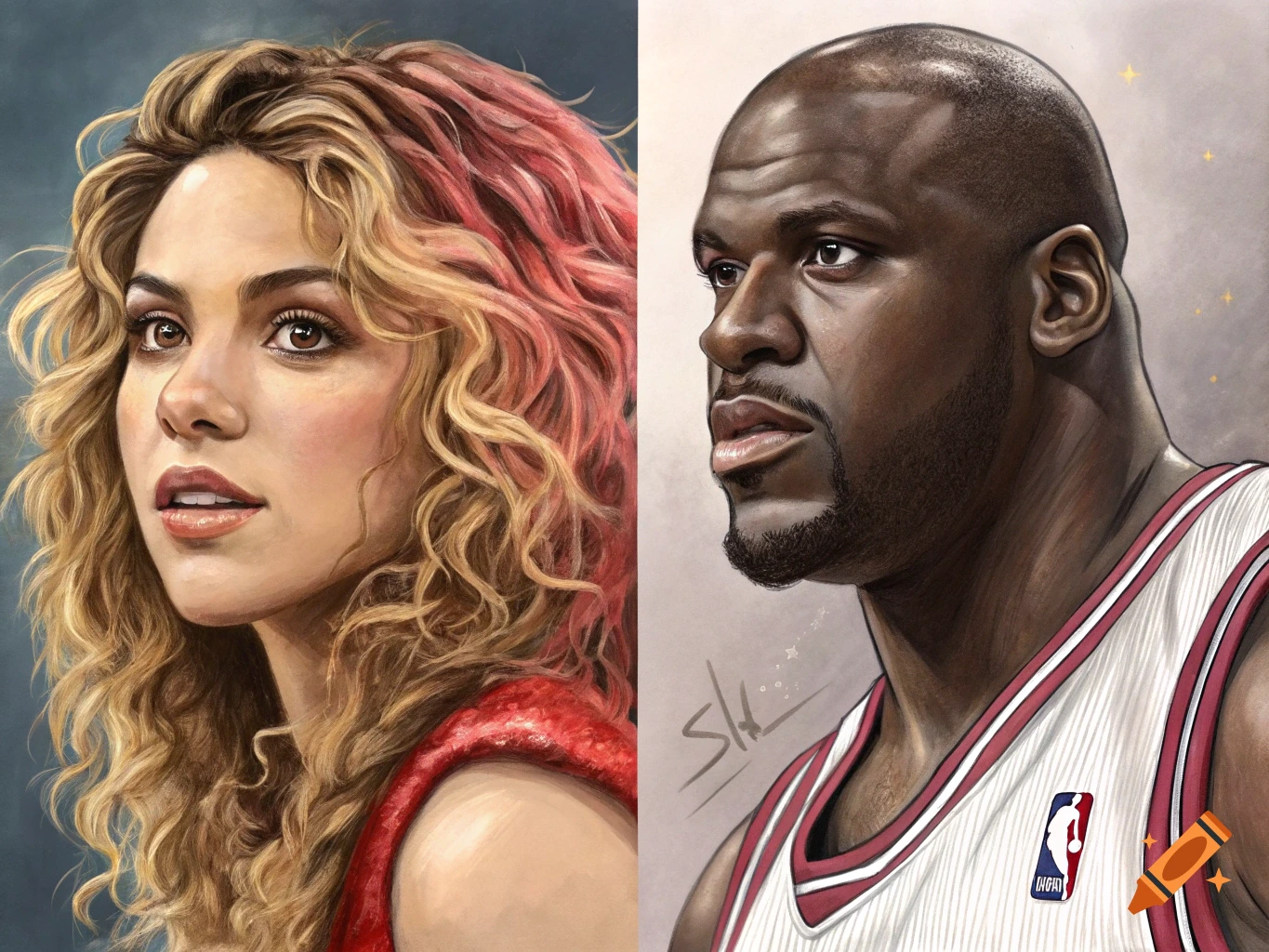 Digital painting of a split portrait showing Shakira on the left and Shaquille O'Neal on the right.