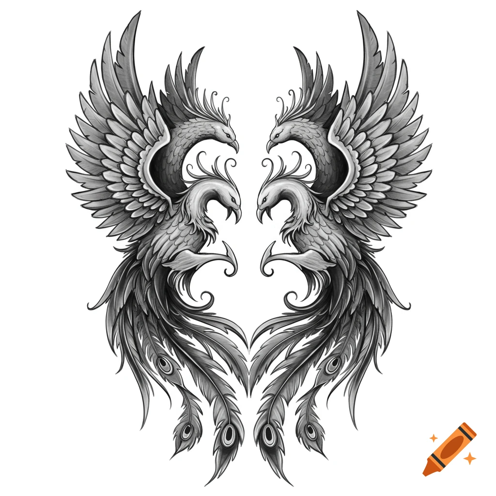 Black and white illustration of two phoenixes facing each other, forming a heart shape with their bodies.