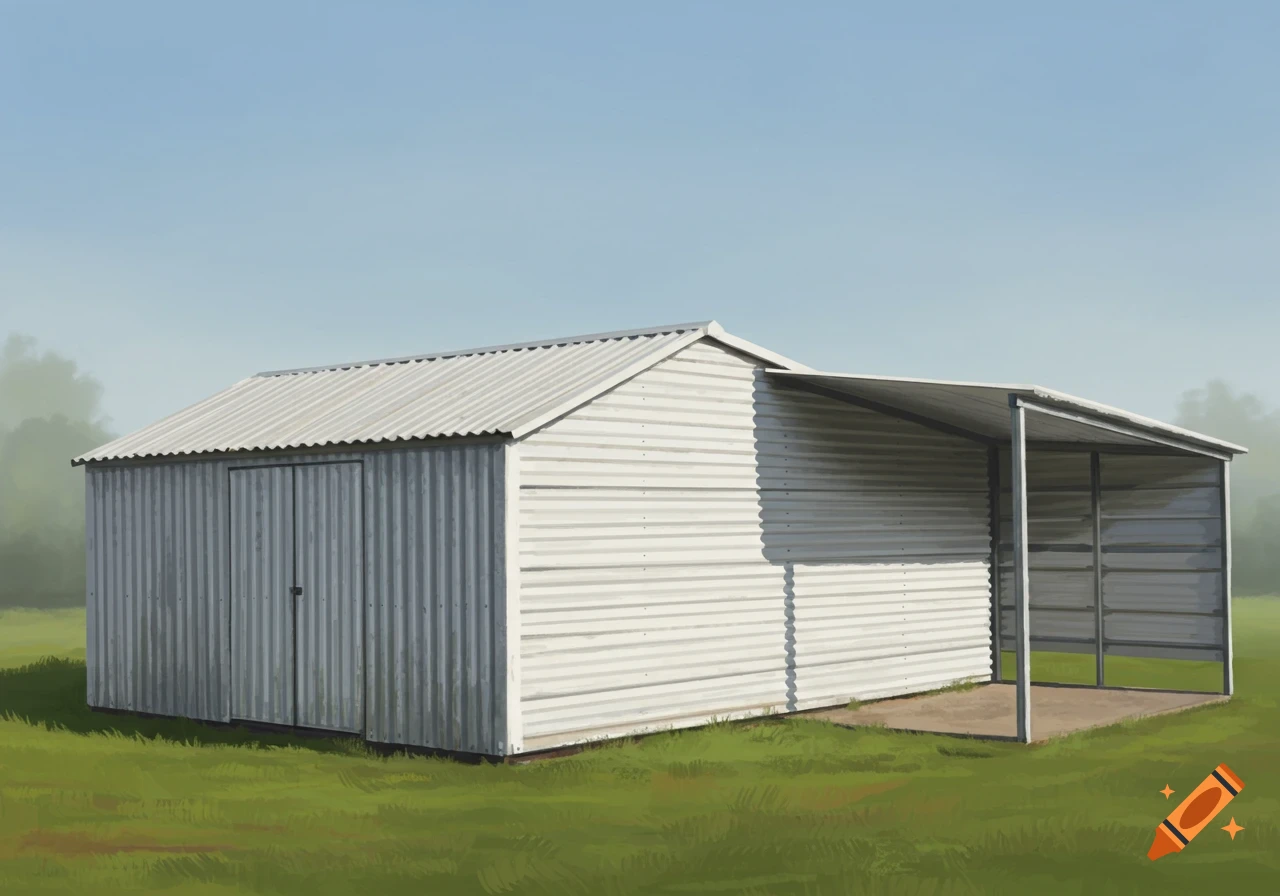 A white metal shed with a lean-to extension on the right, set in a grassy field under a clear blue sky.