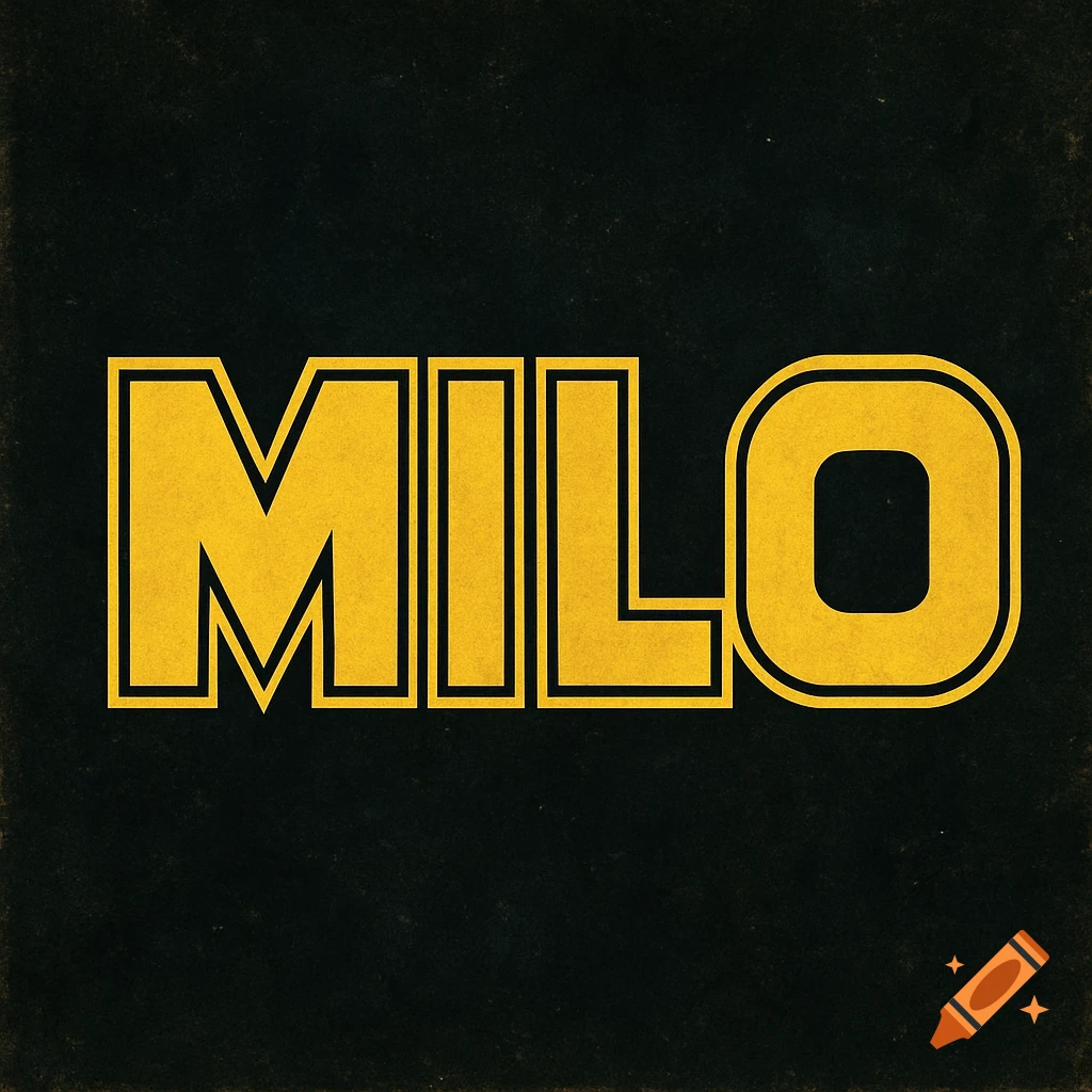 The word MILO in large, bold yellow block letters with a black outline, against a dark textured background.
