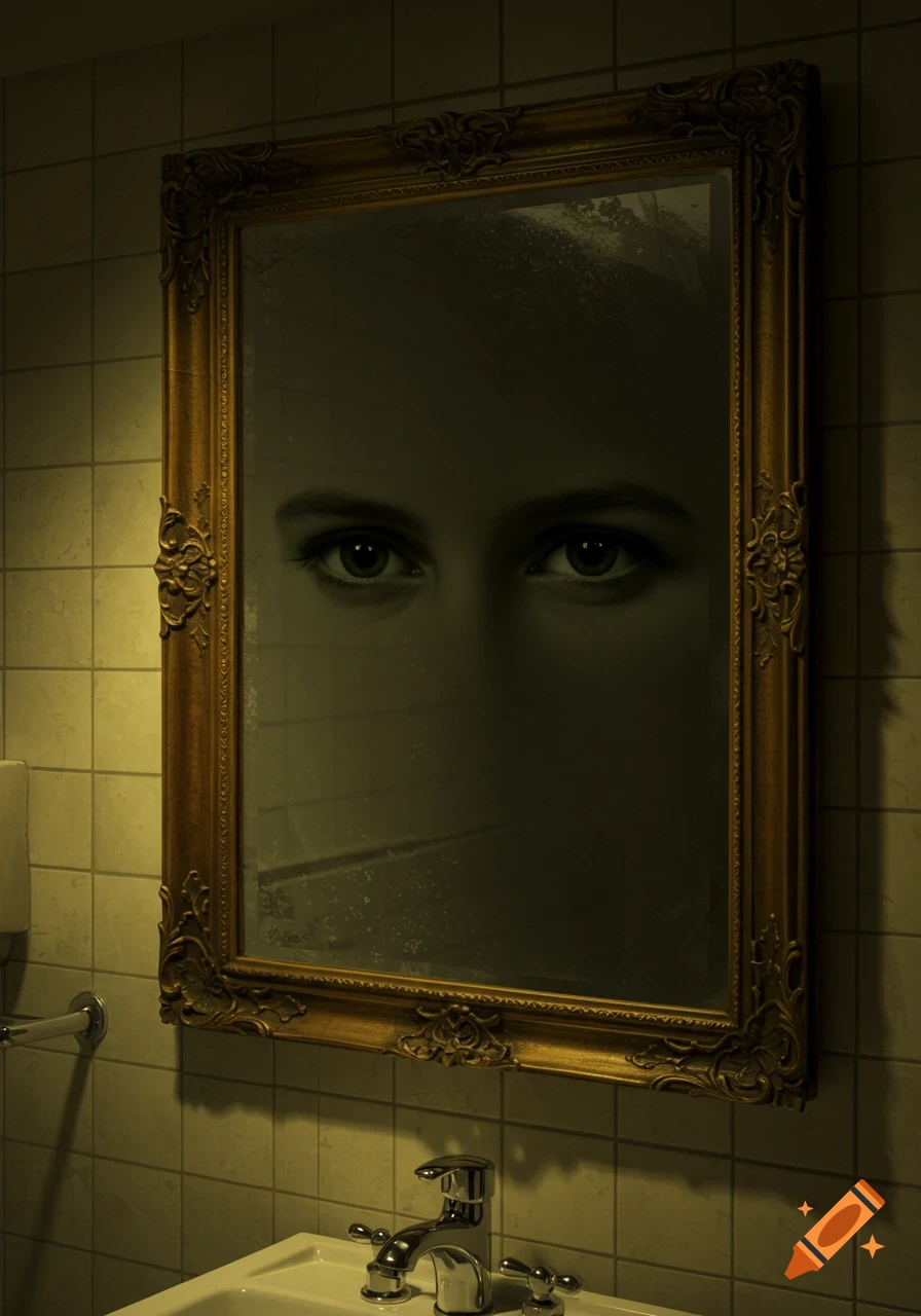 Close-up of a decorative mirror in a tiled bathroom, reflecting only a pair of eerie eyes from a dark face above a white sink and chrome faucet.