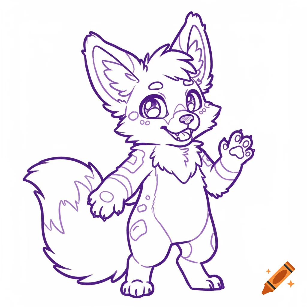 A cute, purple line art cartoon fox-like creature standing and waving.