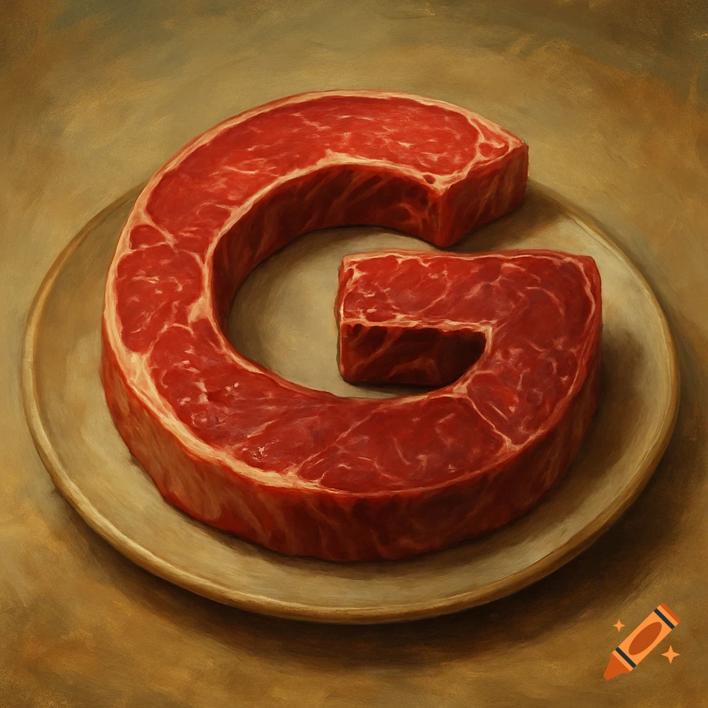 A photorealistic image of a raw meat steak shaped like the letter G, resting on a beige plate.