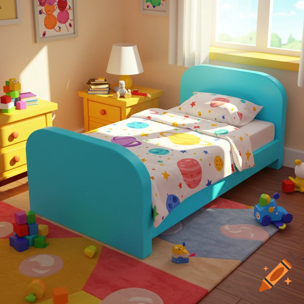 A bright and colorful child's bedroom with a blue bed featuring planet-themed bedding, a colorful rug, and toys on the floor.