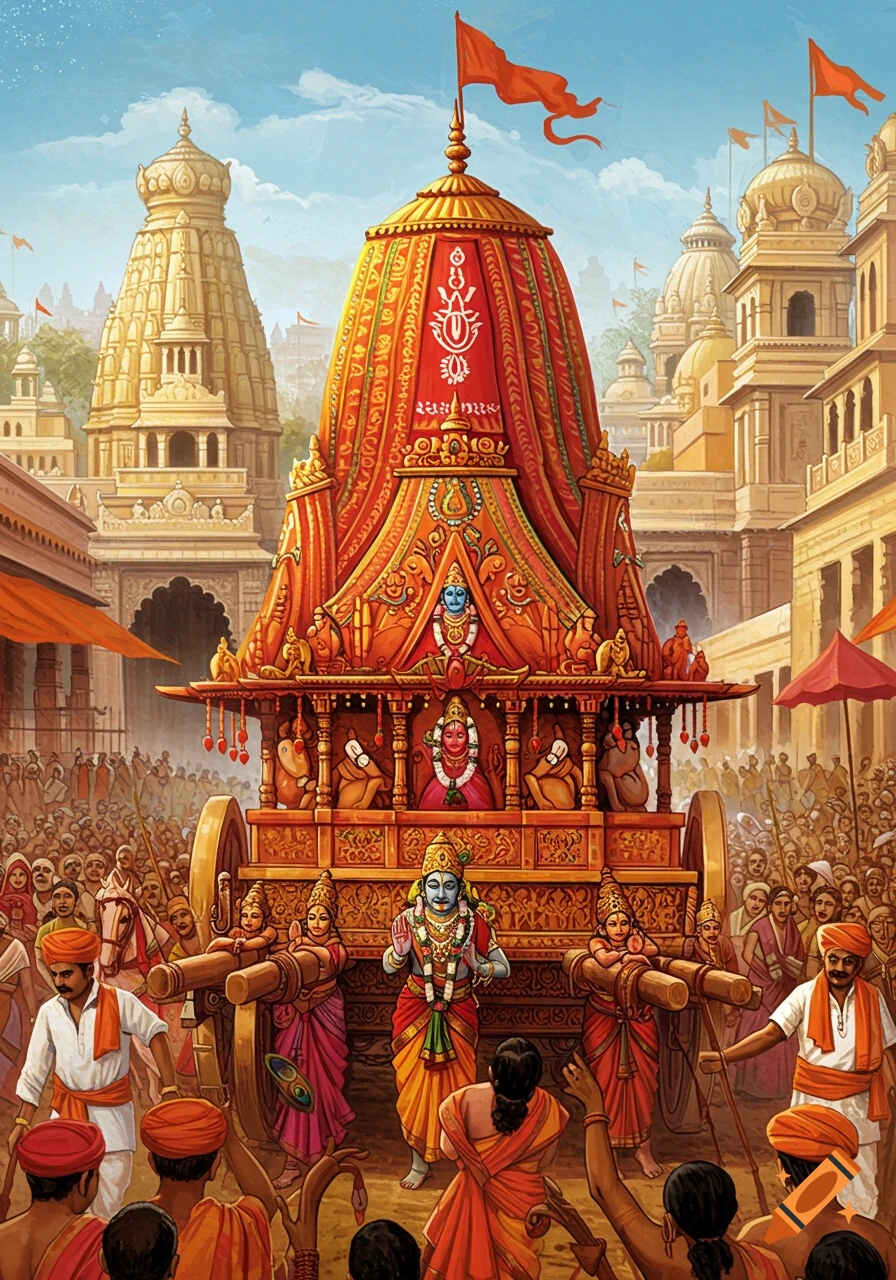An ornate red and gold chariot with deities is pulled through a crowded street by devotees in traditional attire, with temples in the background, in a vibrant traditional art style.