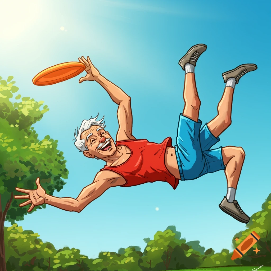 A vibrant cartoon shows a smiling old man mid-backflip, reaching for an orange frisbee against a blue sky with green trees.