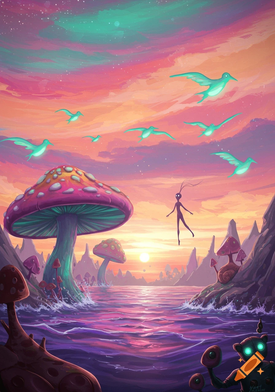 A vibrant surreal landscape with giant glowing mushrooms, a river, a floating figure, and birds under a colorful sunset sky, with a robot in the foreground.