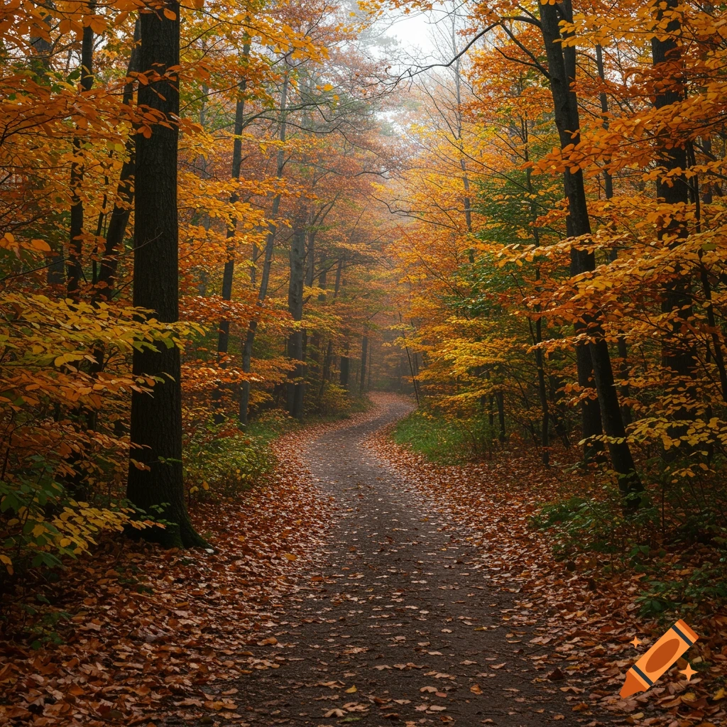 A winding dirt path through a vibrant autumn forest filled with orange and yellow trees, covered in fallen leaves, under a misty sky.