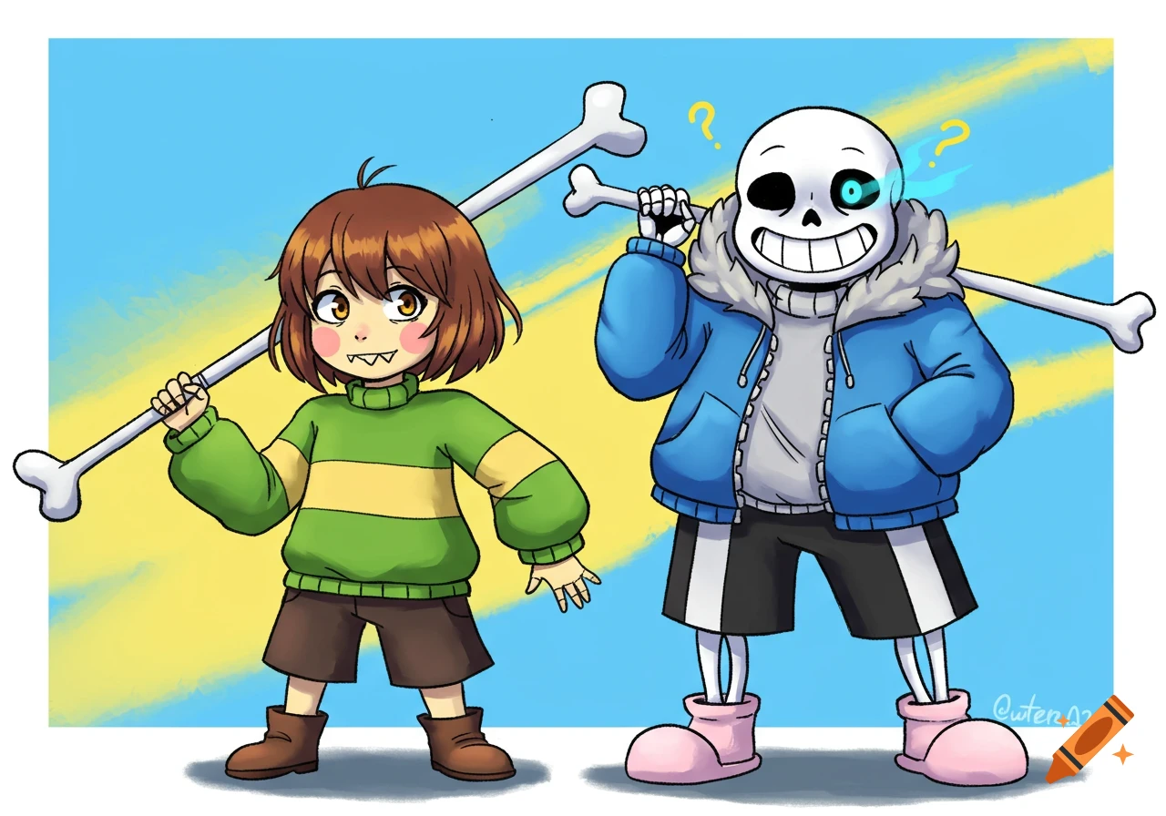 Cartoon of Sans and Chara from Undertale, holding large bones on their shoulders, standing against a blue and yellow background.