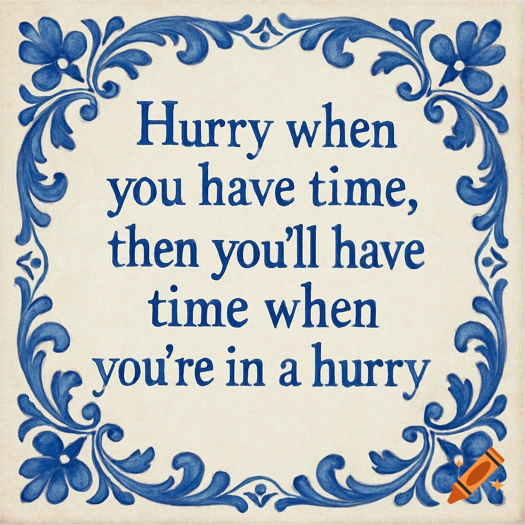 A white ceramic tile with blue floral border features the quote 'Hurry when you have time, then you'll have time when you're in a hurry' in blue script.