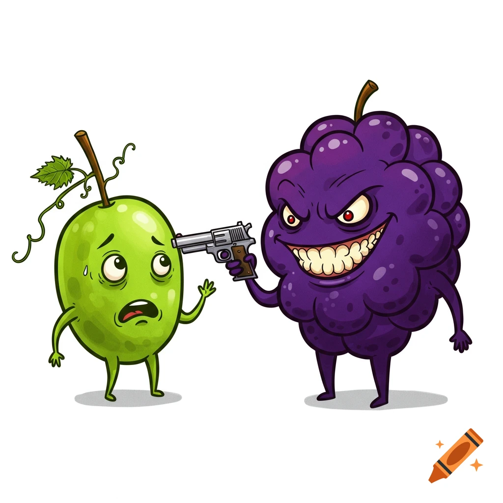 A scared green grape cartoon character with a stem and leaf is held at gunpoint by a menacing purple grape cartoon character.