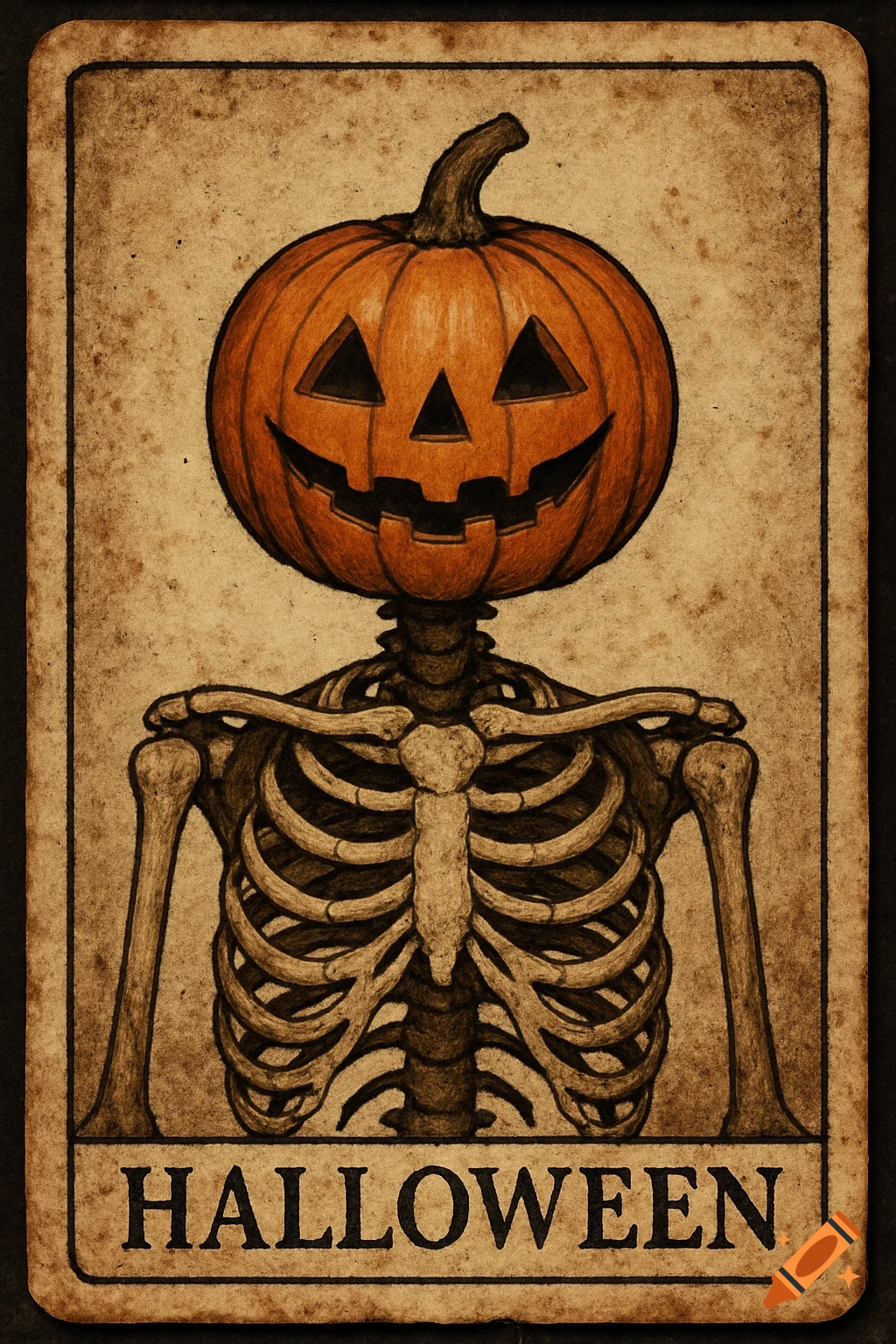 An aged tarot card illustration featuring a skeleton with a jack-o'-lantern head, with the word 'HALLOWEEN' written at the bottom.