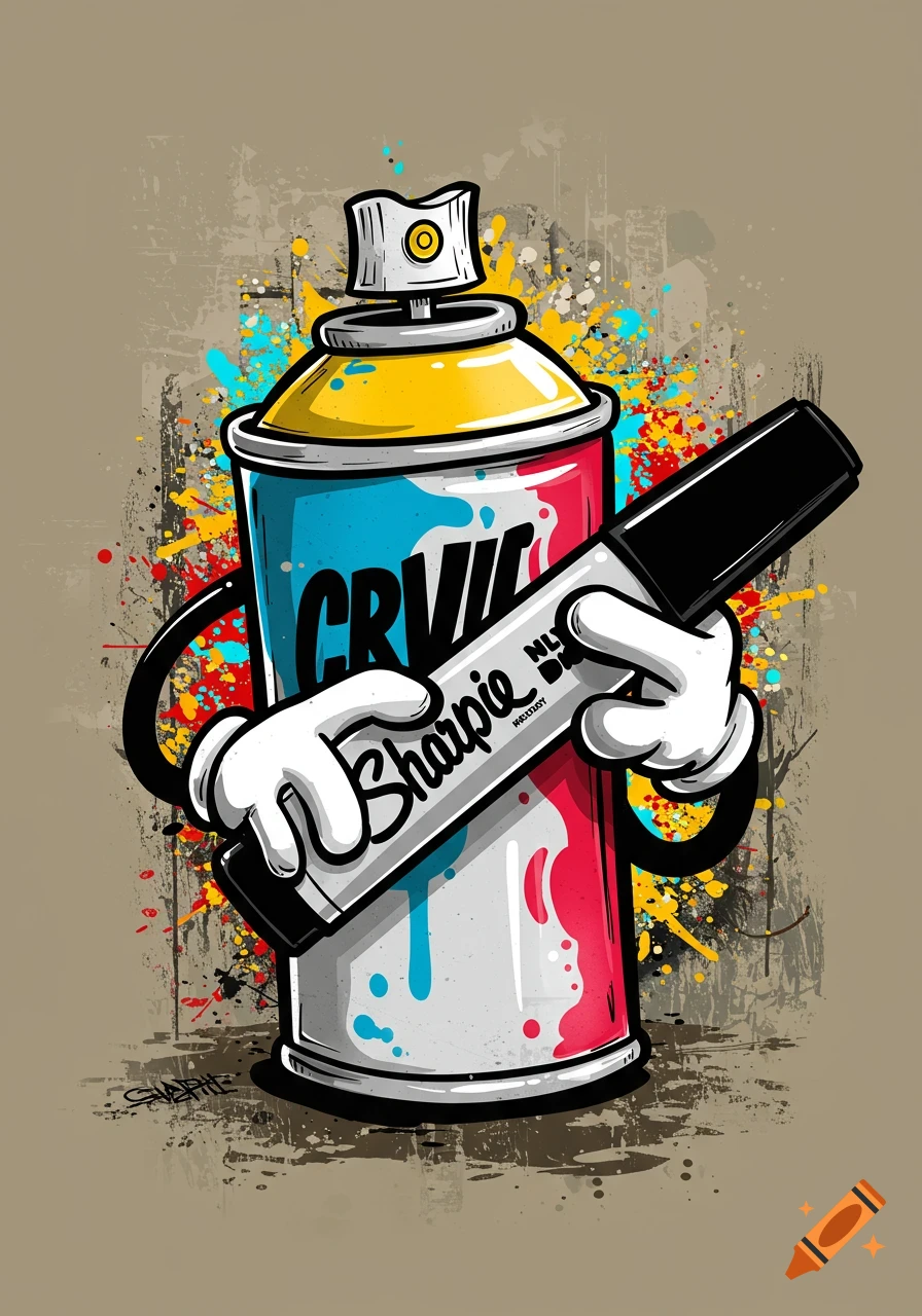 Cartoon graffiti spray can with arms holding a black marker, vibrant paint splatters on grunge background.