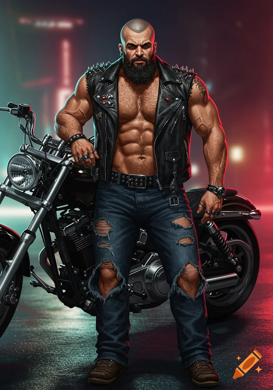 A muscular man with a beard and shaved head in a leather vest and ripped jeans stands next to a motorcycle.