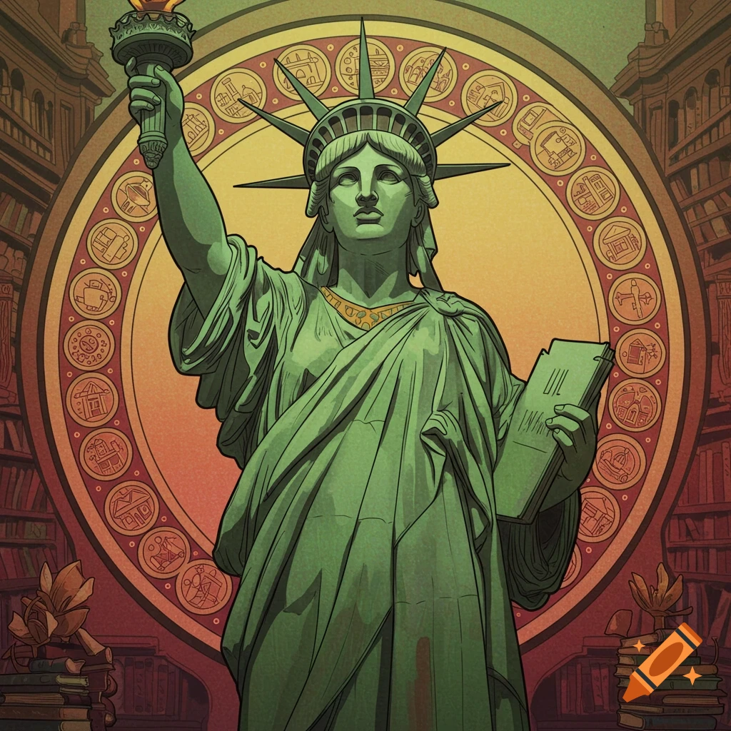 An illustration of the Statue of Liberty holding a torch and a tablet, standing in front of a circular motif with smaller symbols and bookshelves, in a vintage comic book style.