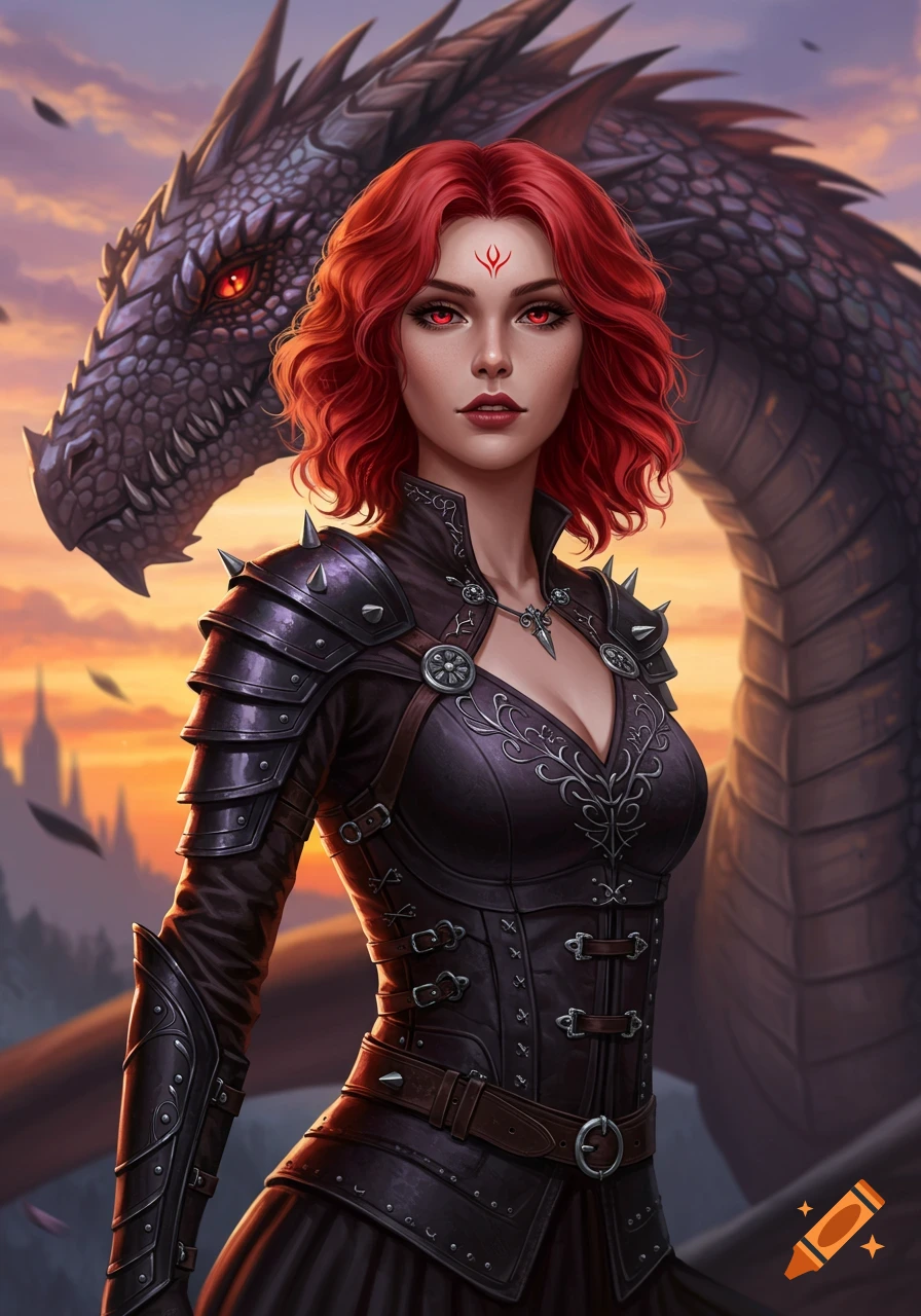 A red-haired sorceress in dark armor with a black dragon behind her at ...