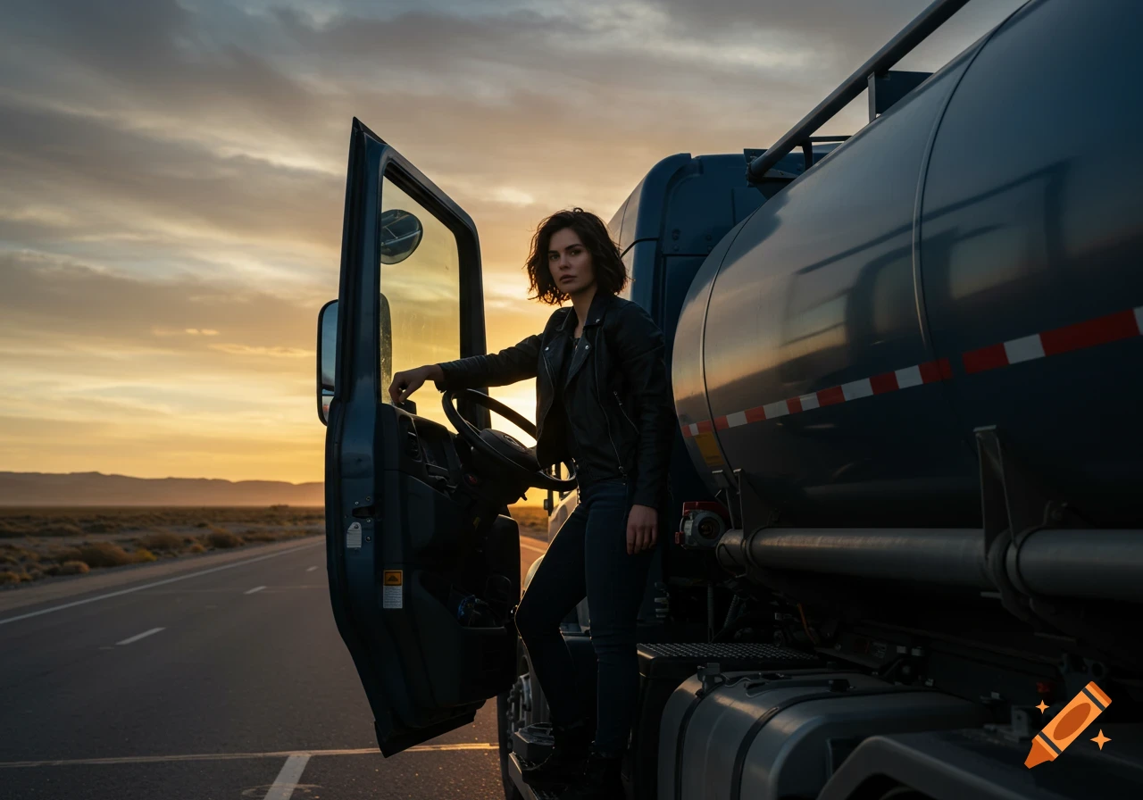 A woman in a black leather jacket stands at the open door of a large tanker truck on a desert road at sunset.