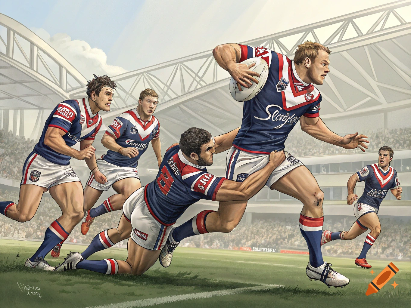 Illustration of rugby players in blue and white jerseys in a stadium during a game, one player running with the ball while another tackles him.