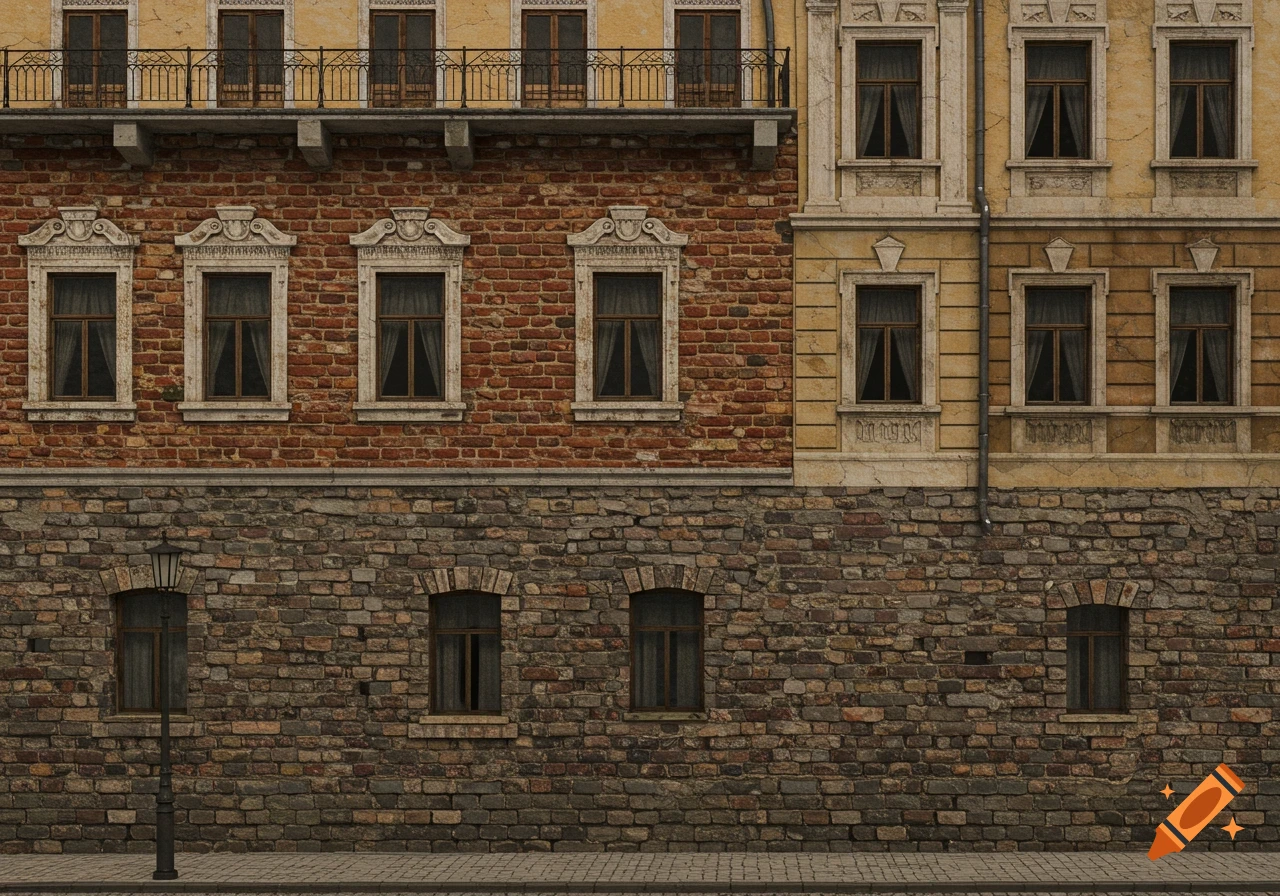 A detailed view of two old European-style building facades, one red brick and one yellow, with multiple windows and a stone foundation, beside a street lamp.