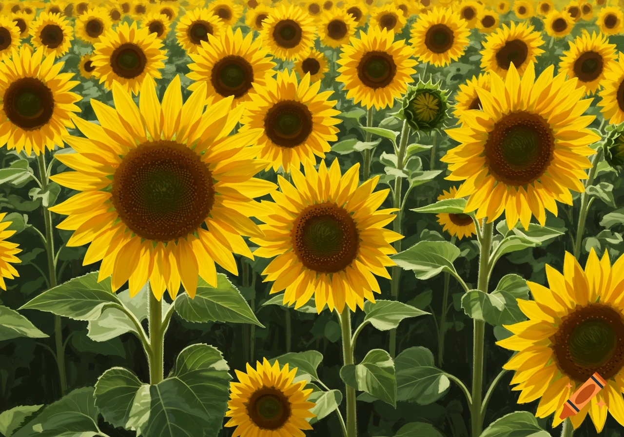 A vibrant field of yellow sunflowers with green stems and leaves, some in focus, others blurred in the background.
