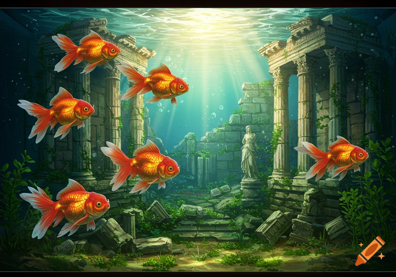 Several orange goldfish swim among crumbling Greek ruins and green plants in a sunlit fish tank.