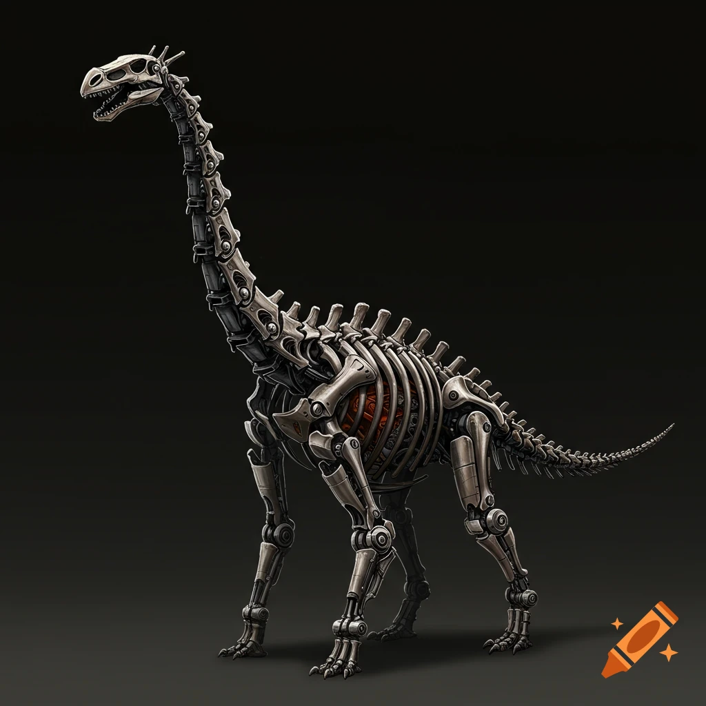 A detailed, full-body rendering of a mechanical skeletal dinosaur with a long neck against a dark background.