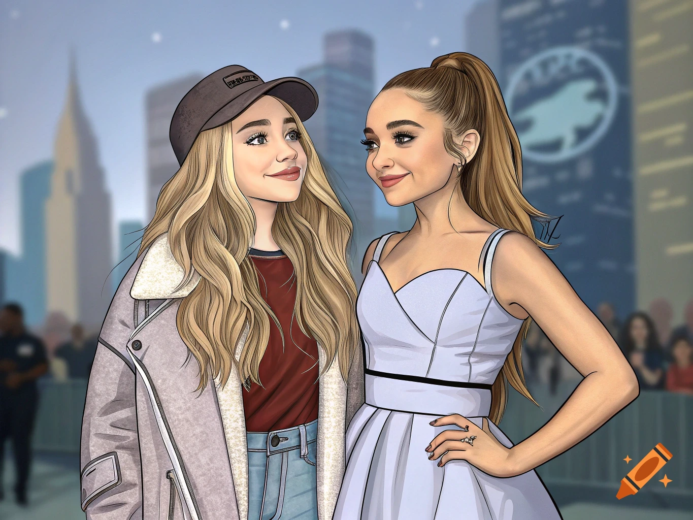 Illustration of Sabrina Carpenter and Ariana Grande looking at each other in an urban setting.