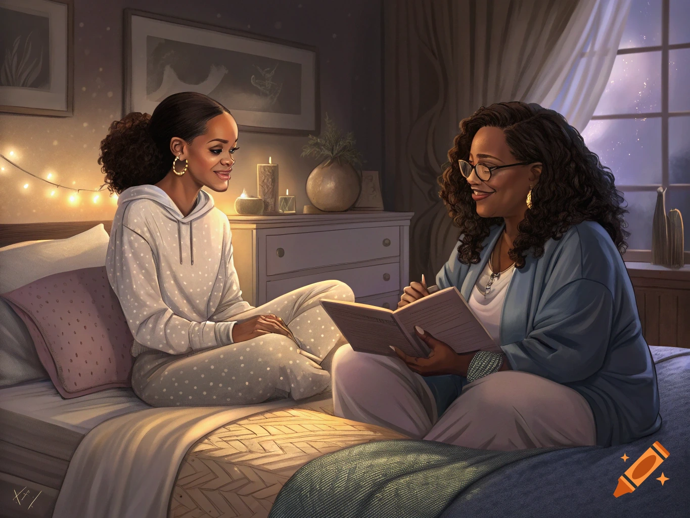 Illustration of two women resembling Rihanna and Oprah sitting on a bed in a cozy bedroom, one reading a book.