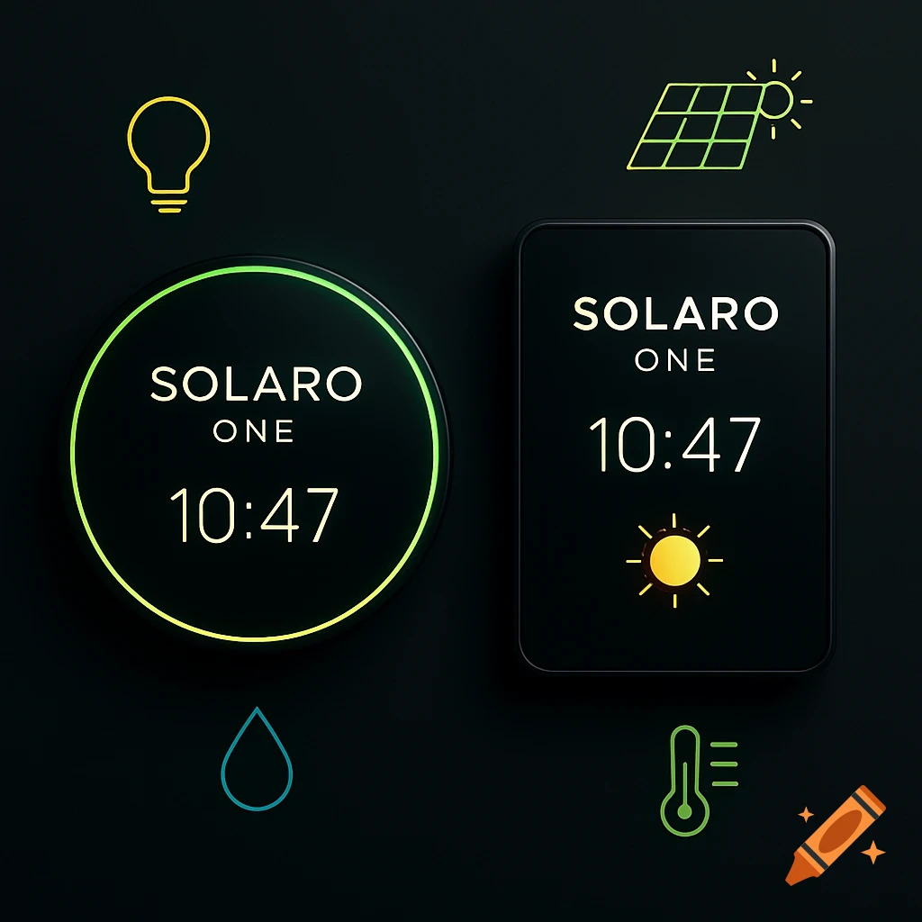 Sleek smart home hubs, circular and rectangular, displaying 'Solaro One' and time, with minimalist icons on a dark background.