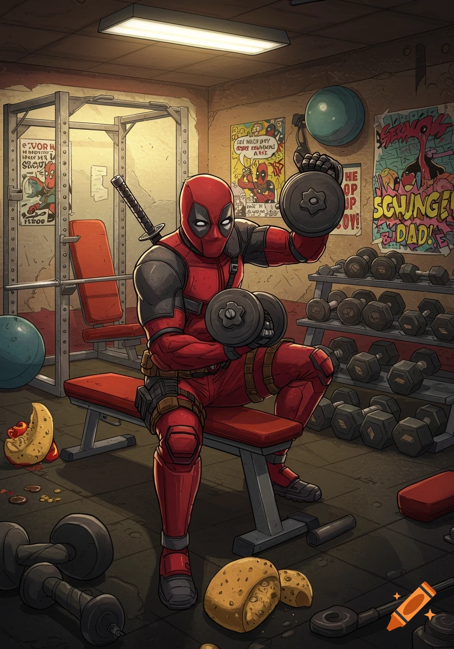 Comic art illustration of Deadpool working out with dumbbells on a ...