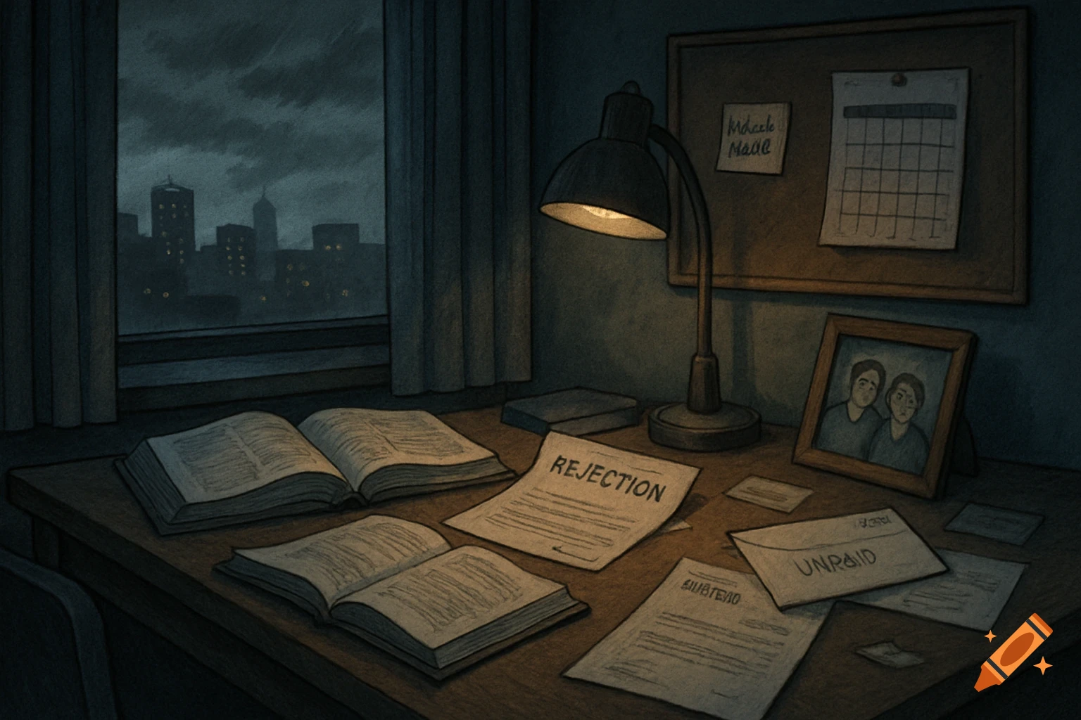 A moody semi-realistic illustration of a dimly lit study room at night, with open books, papers, and a city skyline outside the window.