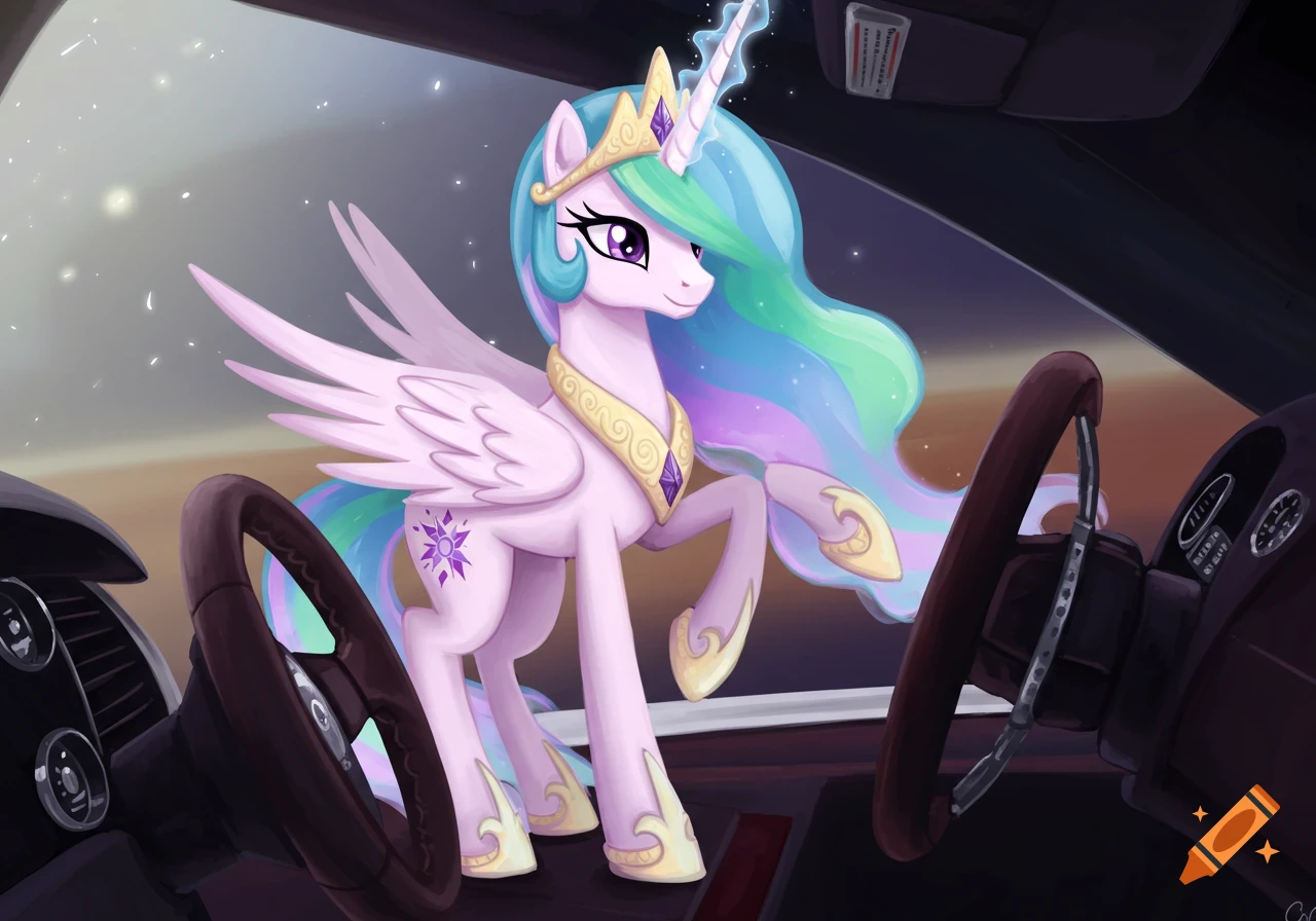 Princess Celestia, an alicorn pony with a flowing mane, is in the driver's seat of a car at dusk.