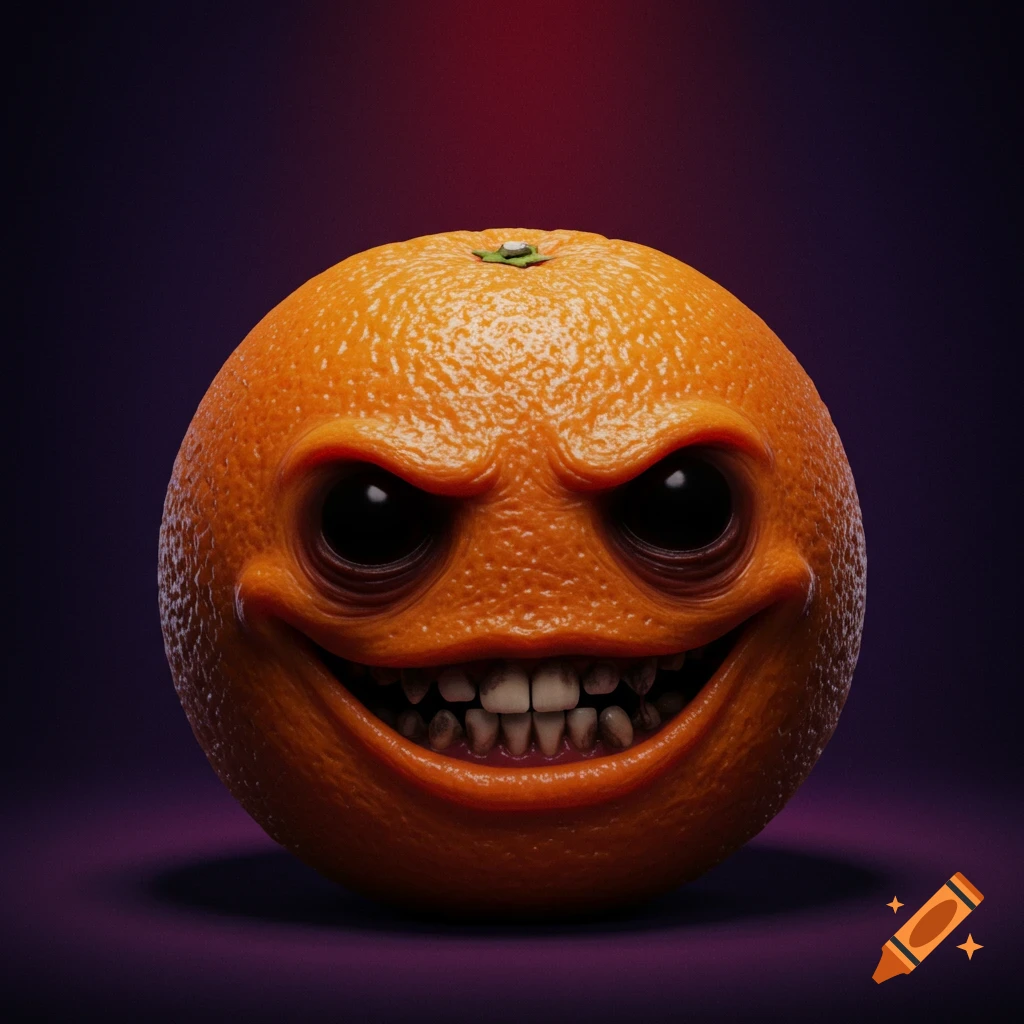 A creepy orange with glowing, soulless black eyes and a wide, evil grin showing dirty, pointed teeth against a dark purple background.