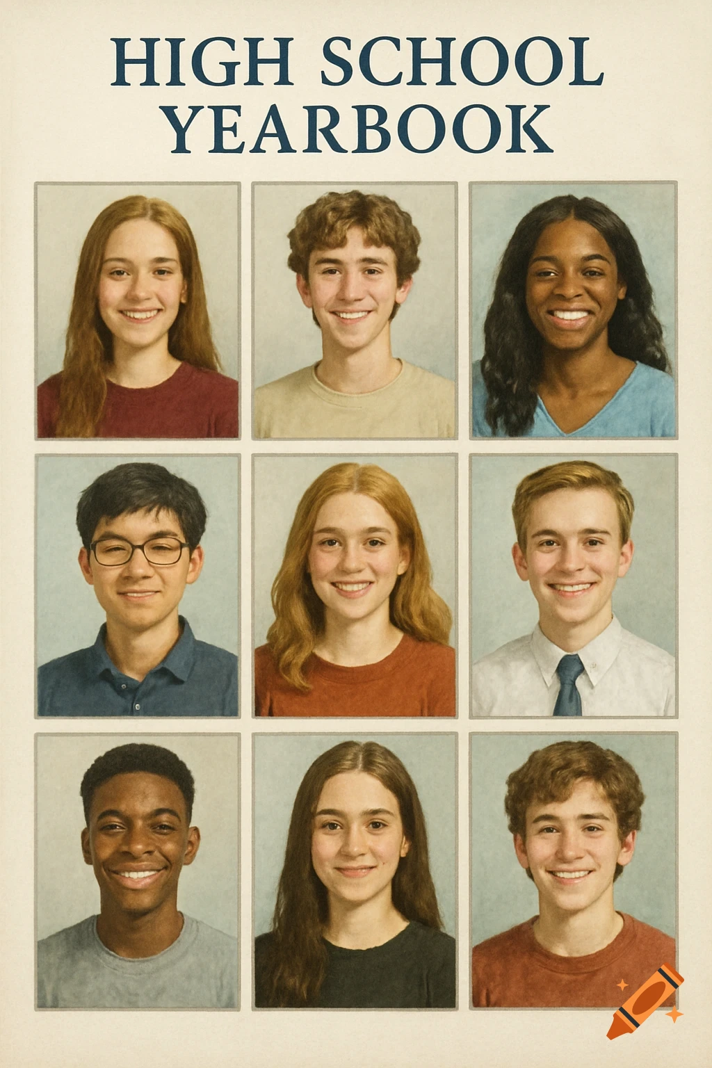 A high school yearbook cover with 'HIGH SCHOOL YEARBOOK' text and a grid of nine student portraits.