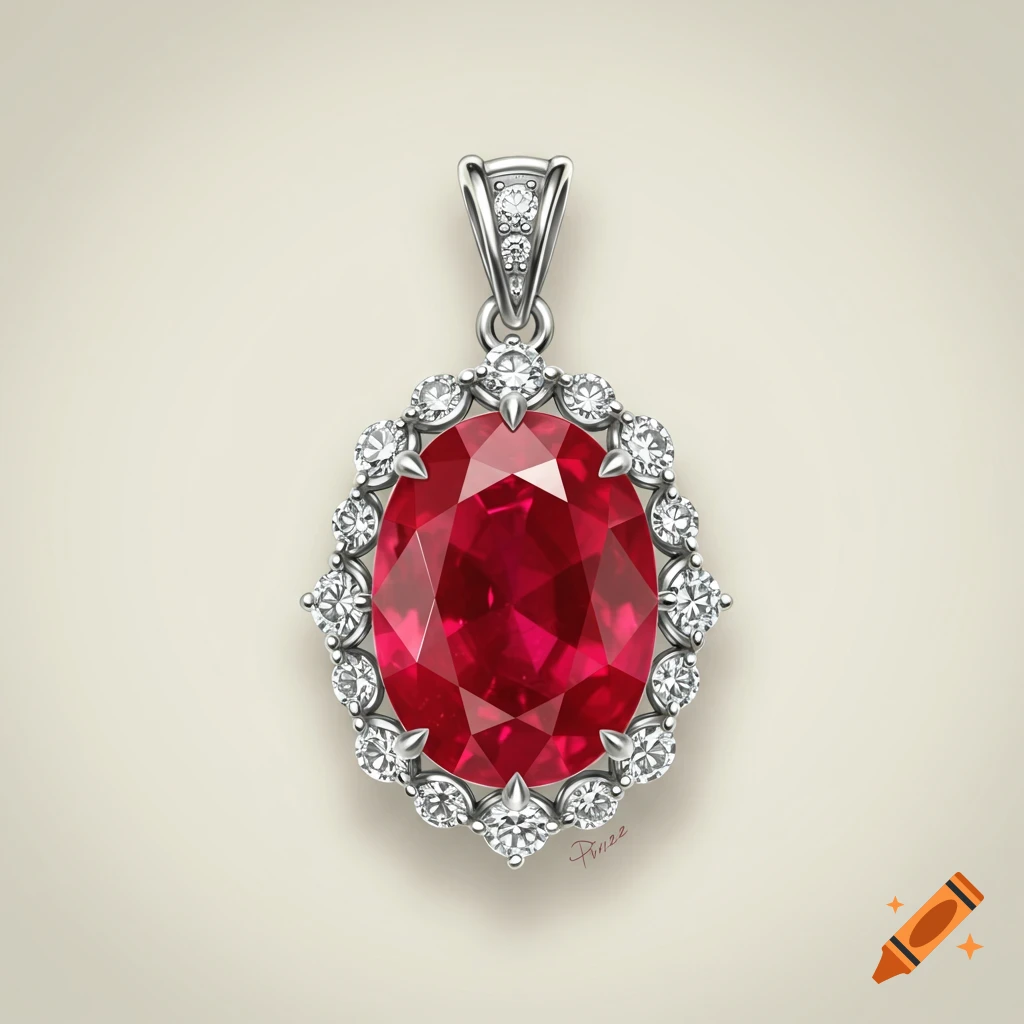 An oval ruby pendant with a halo of diamonds and a diamond-encrusted bale.
