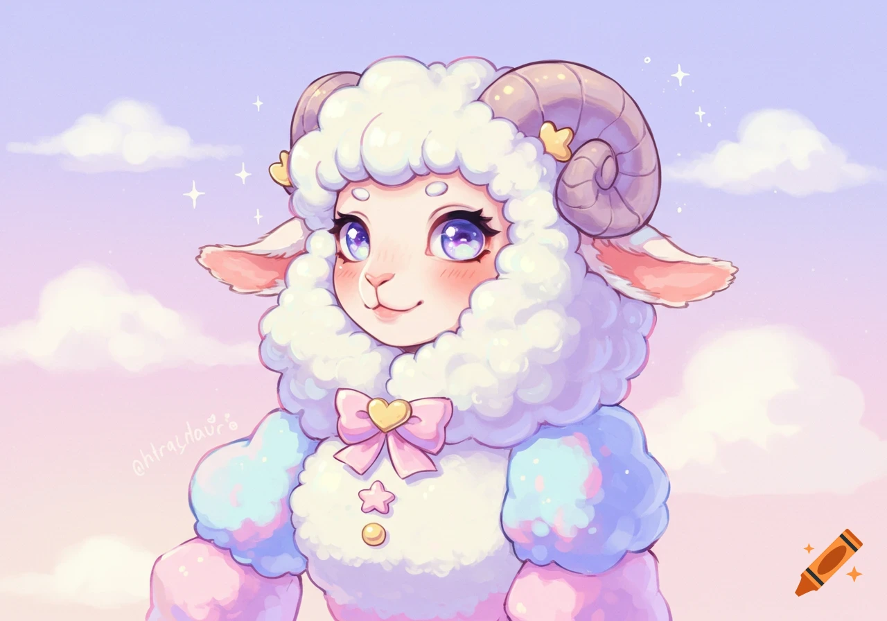 A cute, fluffy white sheep character with large purple eyes, ram horns, and pastel clothing against a pink and purple sky.