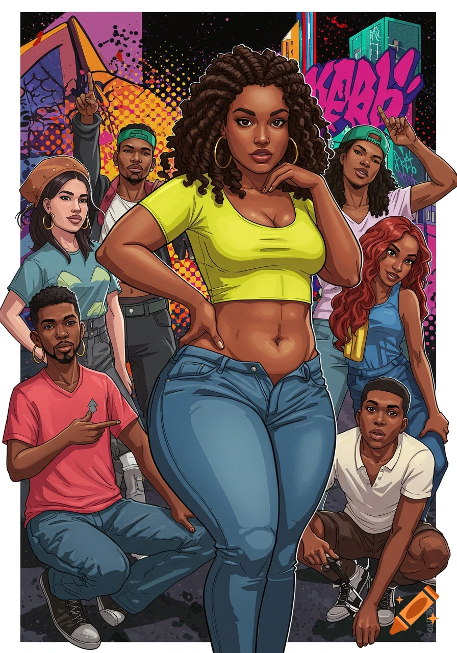 A group of diverse friends, including a curvy Black woman in a crop top and low-rise jeans, in a vibrant, graffiti-filled urban setting, comic art style.